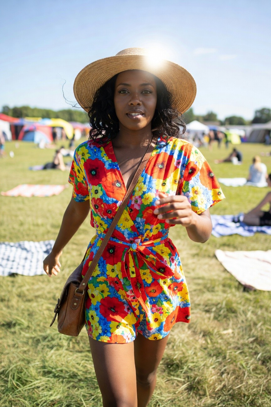 Bright Floral Romper With Straw Hat