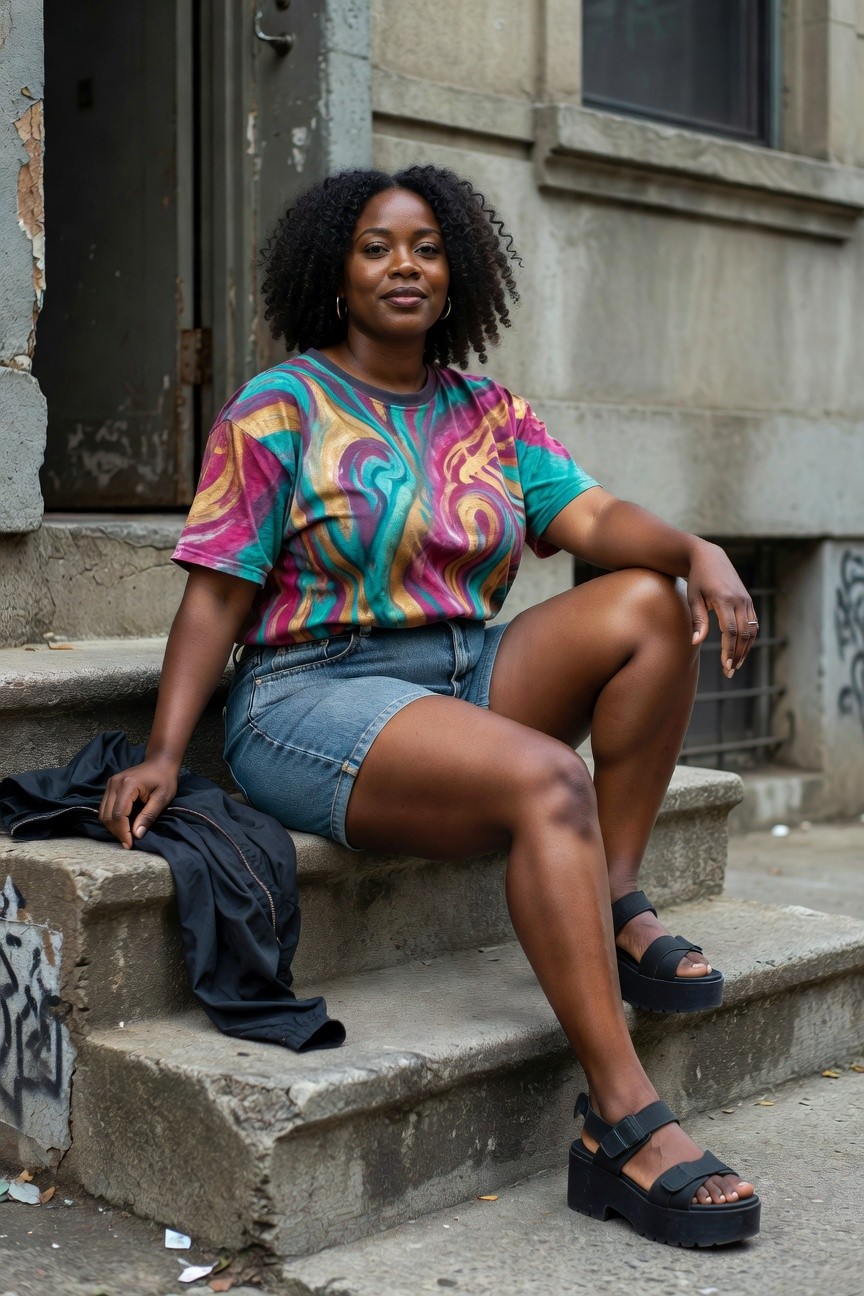 Colorful Swirl Print Tee And Denim Skirt