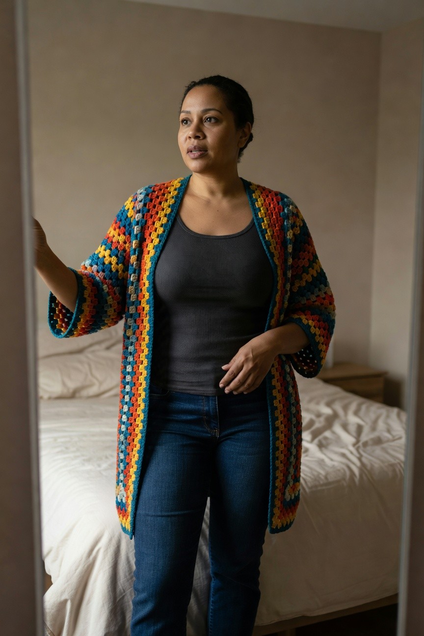 Crocheted Cardigan Styled With Jeans And A Tank