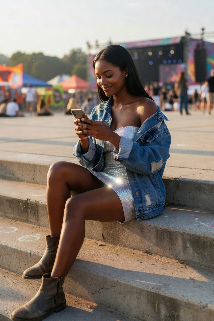 Denim Jacket Over A Sparkly Mini Dress
