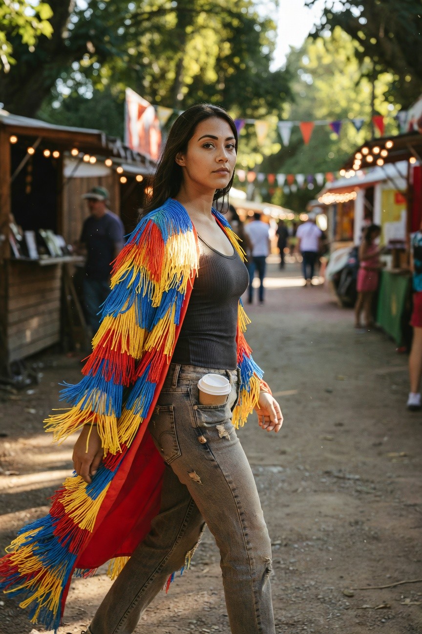Fringe Jacket Over Ribbed Tank And Jeans