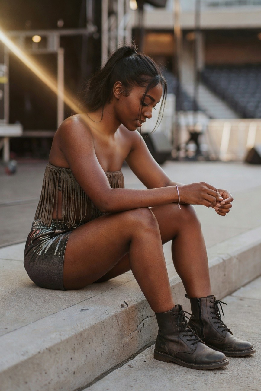 Fringe Top With Metallic Shorts And Boots