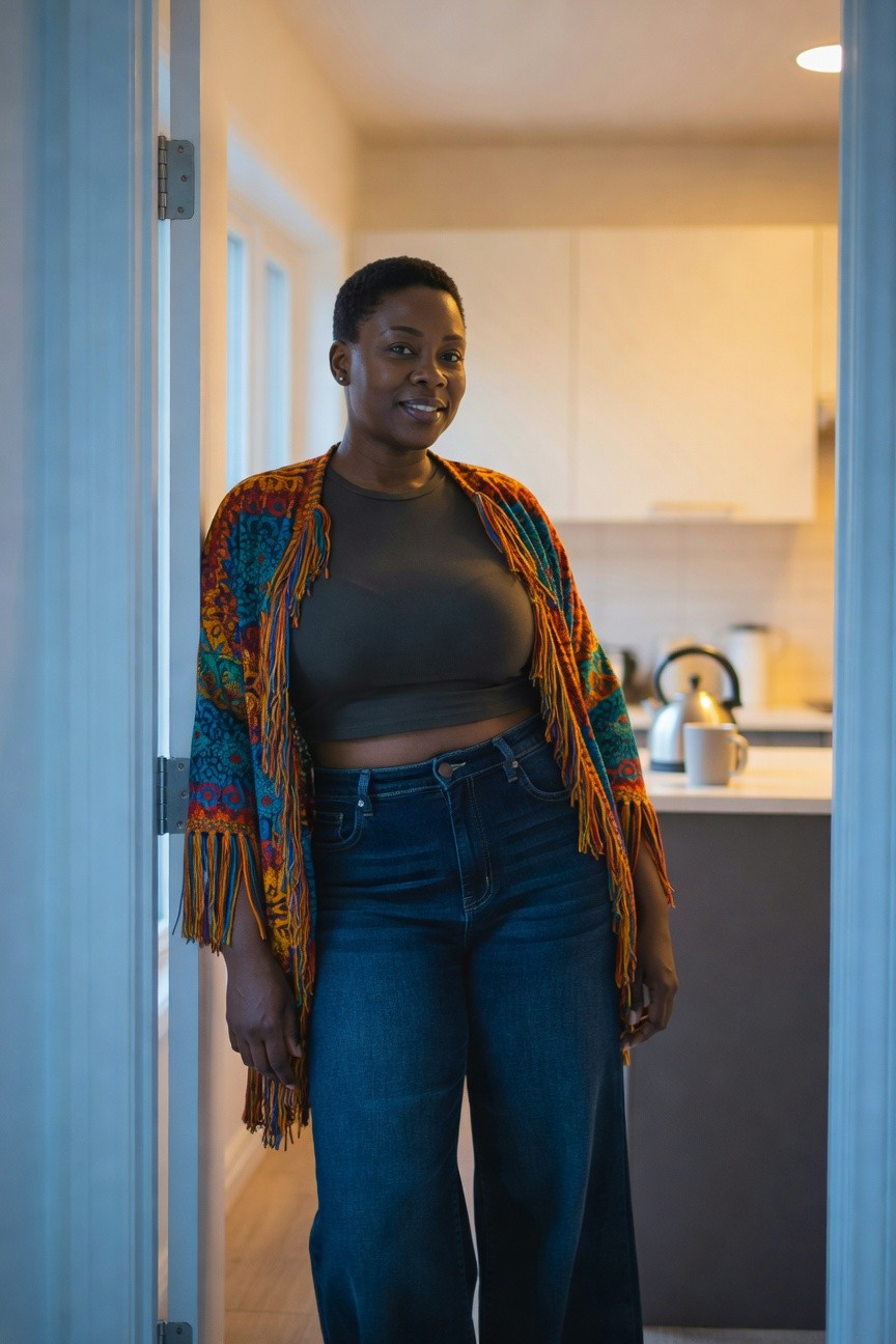Fringed Shawl Layered Over Crop Top And Jeans
