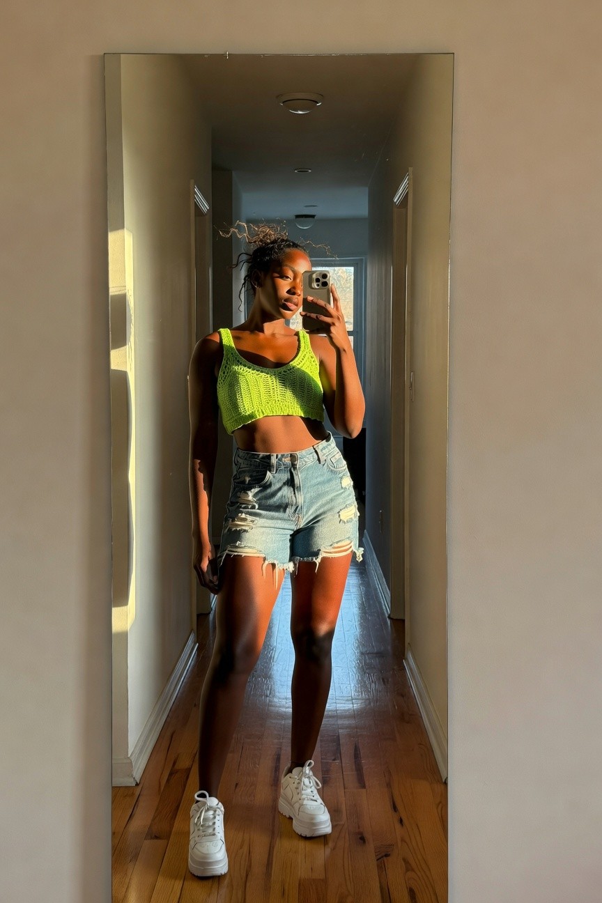 Neon Green Crochet Crop With Ripped Shorts