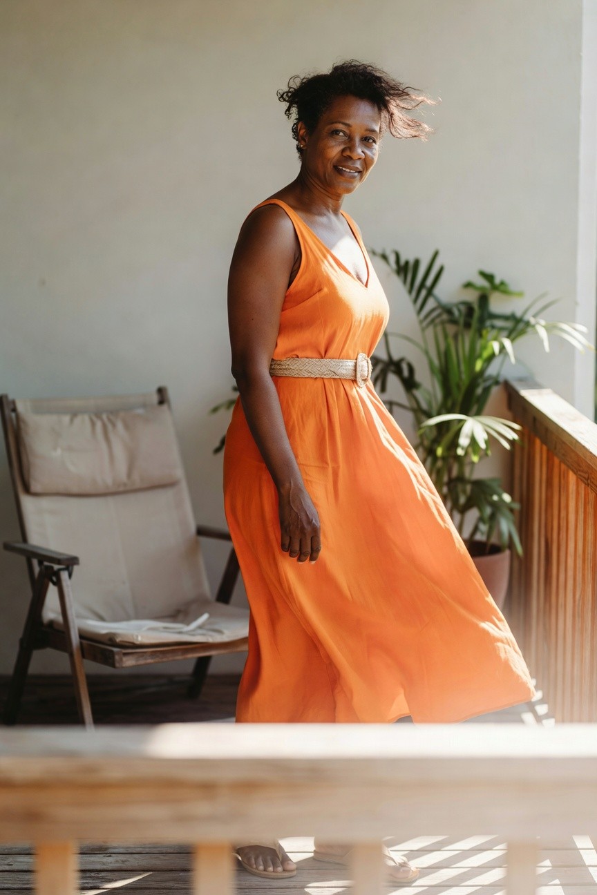 Orange Midi Dress With Woven Belt