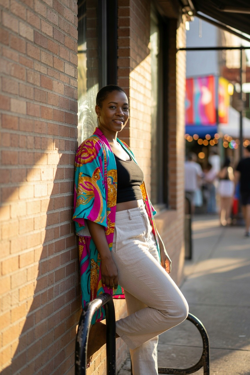 Woman wearing a colorful patterned open kimono jacket over a black crop top with beige pants standing against a brick wall outdoors.
