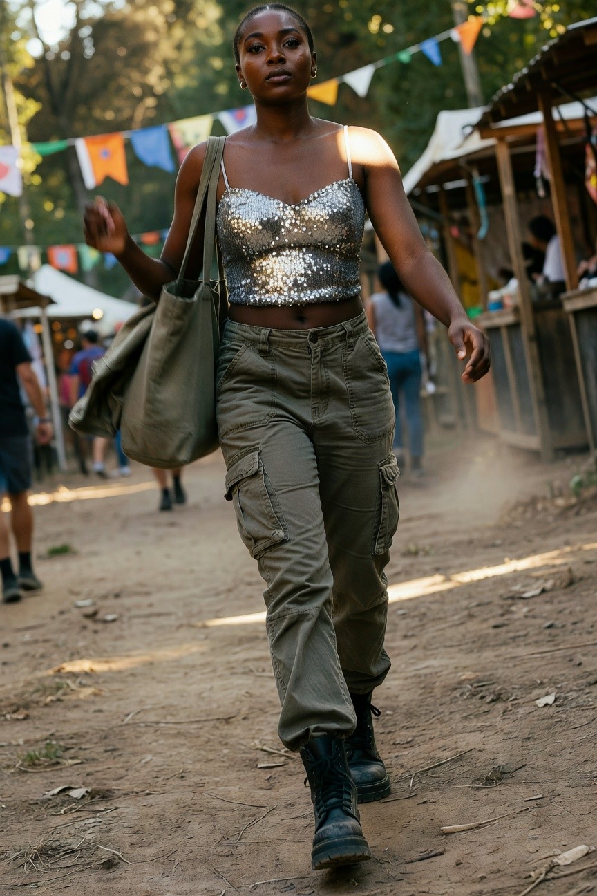 Black woman in silver sequin crop top, olive cargo pants and black boots carrying green tote bag at outdoor event