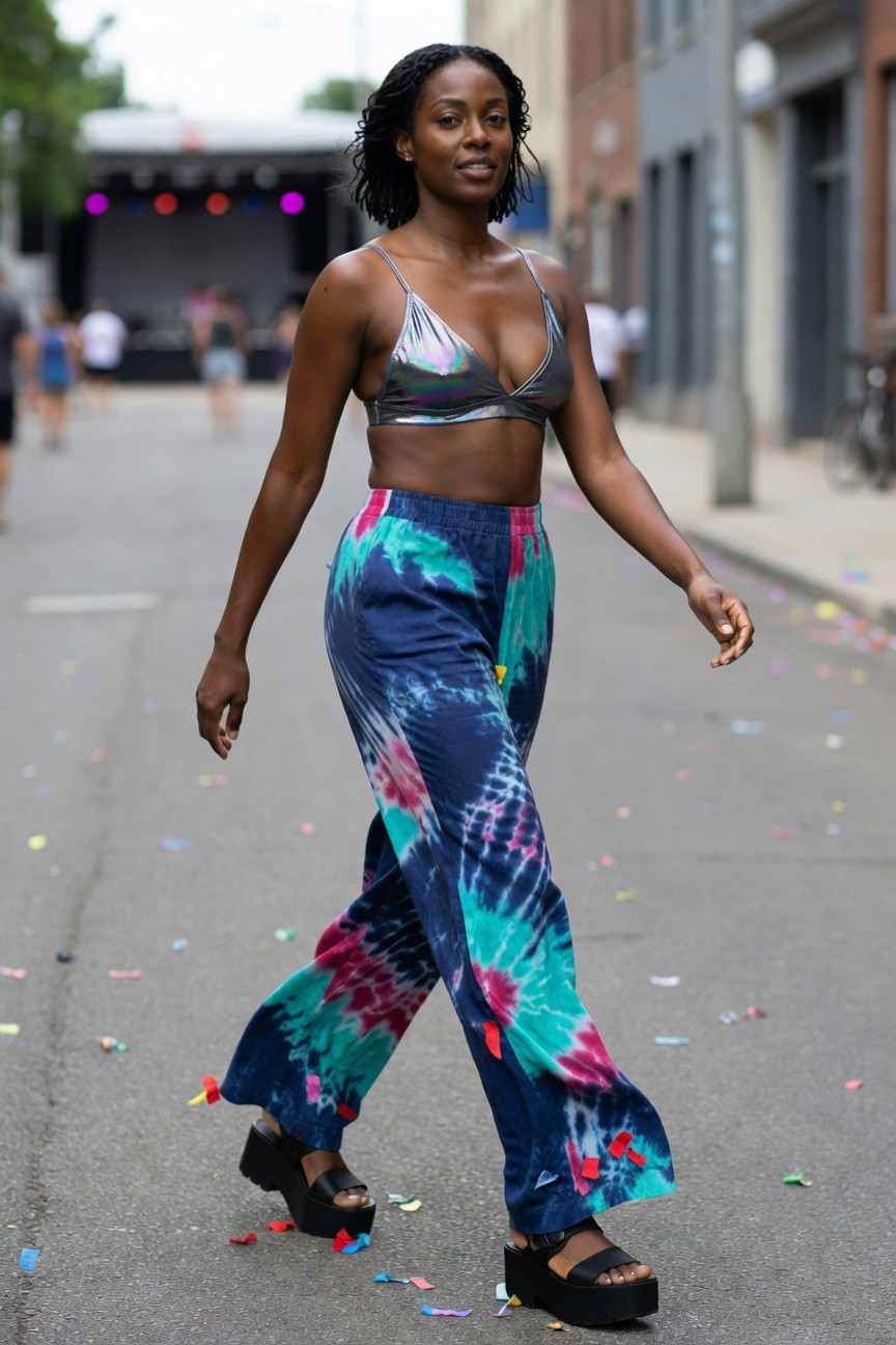 Tie Dye Wide Leg Pants With Metallic Crop Top