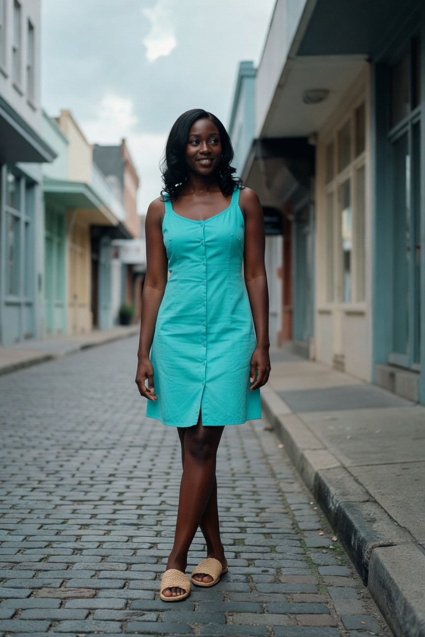Aqua Button Front Mini Dress With Woven Slides
