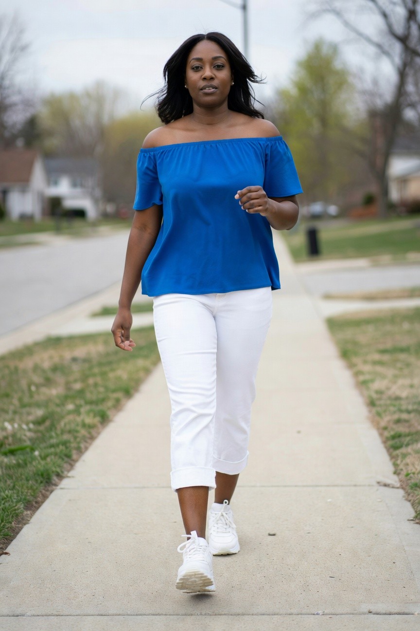 Blue Off Shoulder Top With White Capris