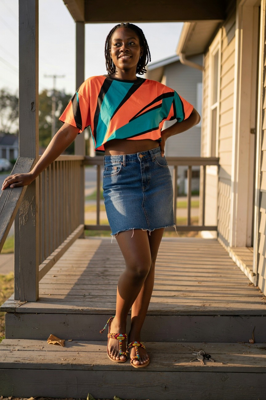 Black woman in orange teal and black geometric crop top blue denim mini skirt and multicolored beaded sandals