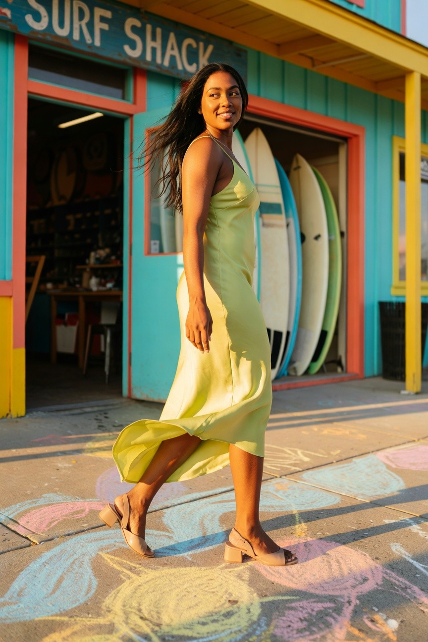 Lime Green Slip Dress With Neutral Sandals