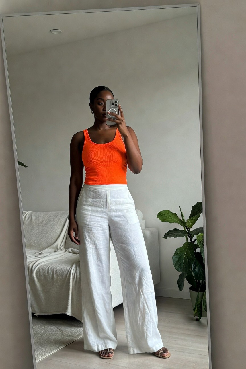 Orange Tank Top And White Wide Leg Pants