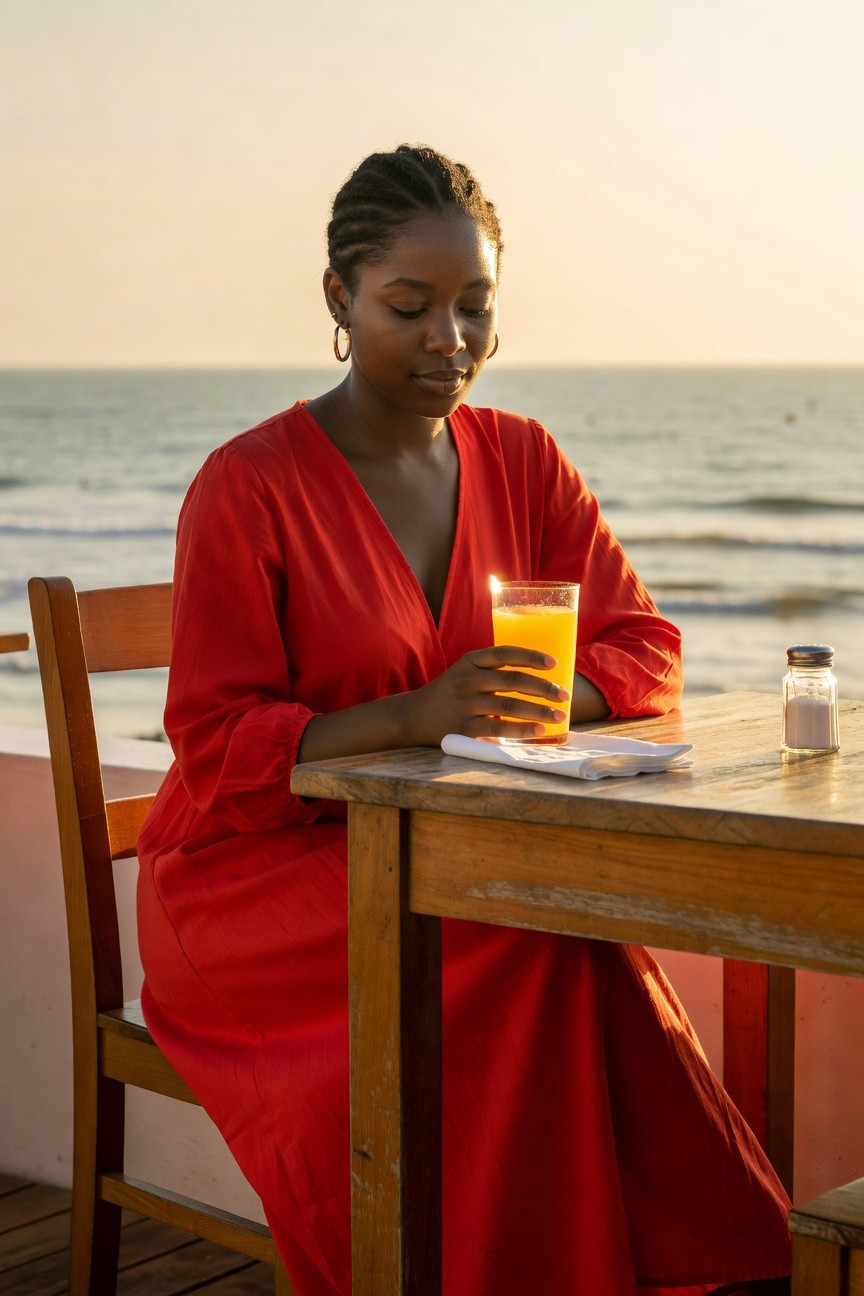 Woman seated outdoors wearing a long red V-neck maxi dress with long sleeves and small gold hoop earrings while holding a glass of orange juice at a wooden table.