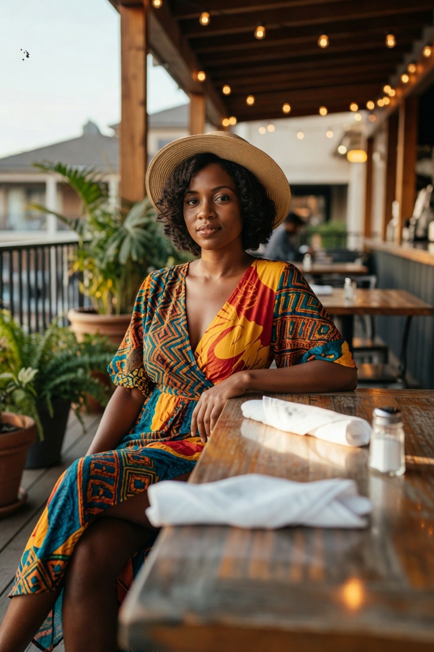 Vibrant Wrap Dress With Straw Hat