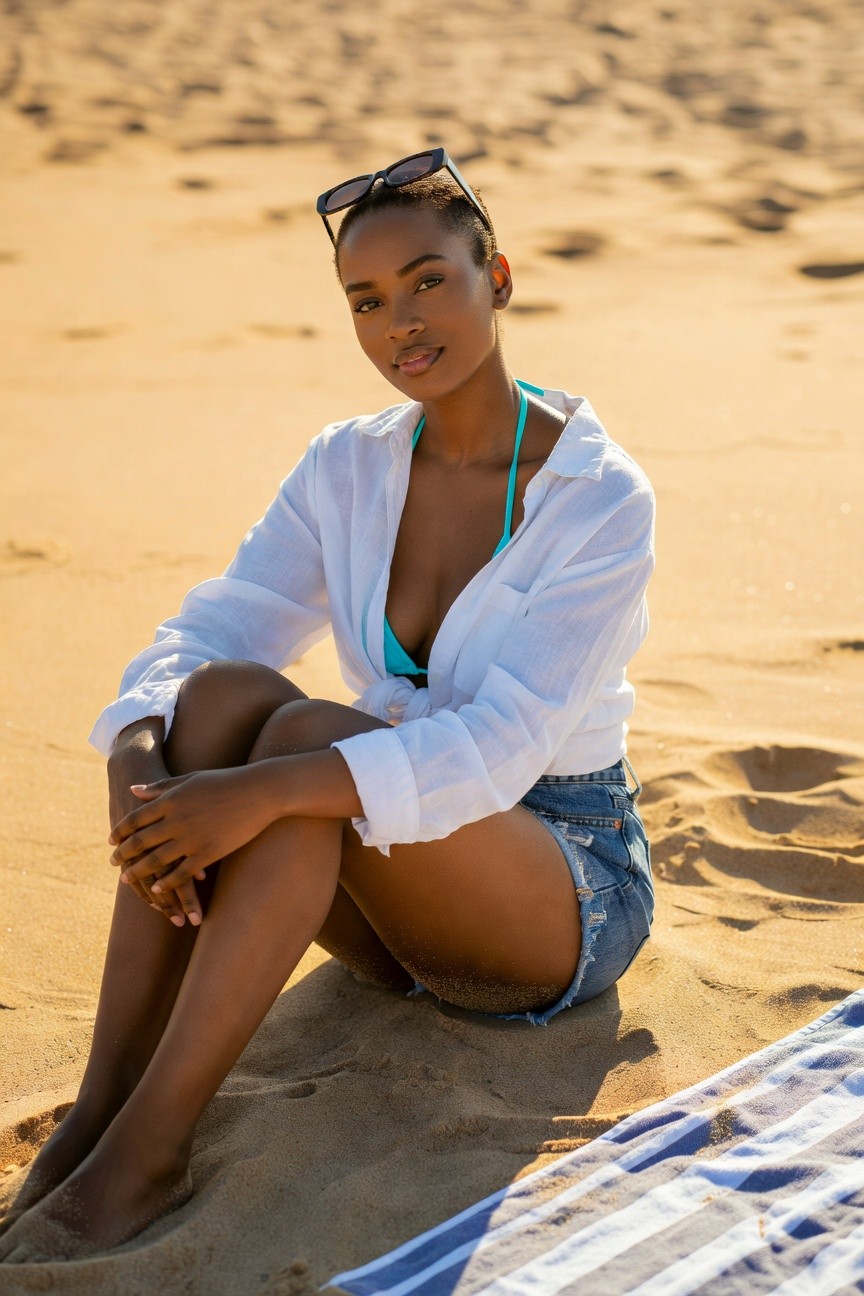 White Button Down Over Turquoise Bikini And Denim Shorts