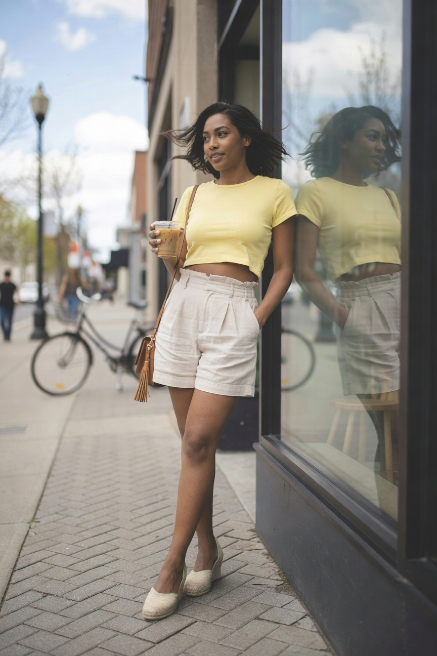 Yellow Crop Top With White Shorts