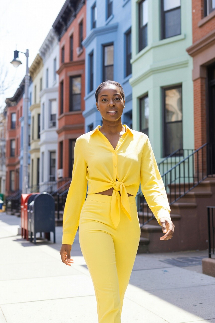 Black woman wearing a bright yellow long-sleeved button-up shirt tied in a knot at the waist and matching high-waisted yellow pants while walking on a city sidewalk.