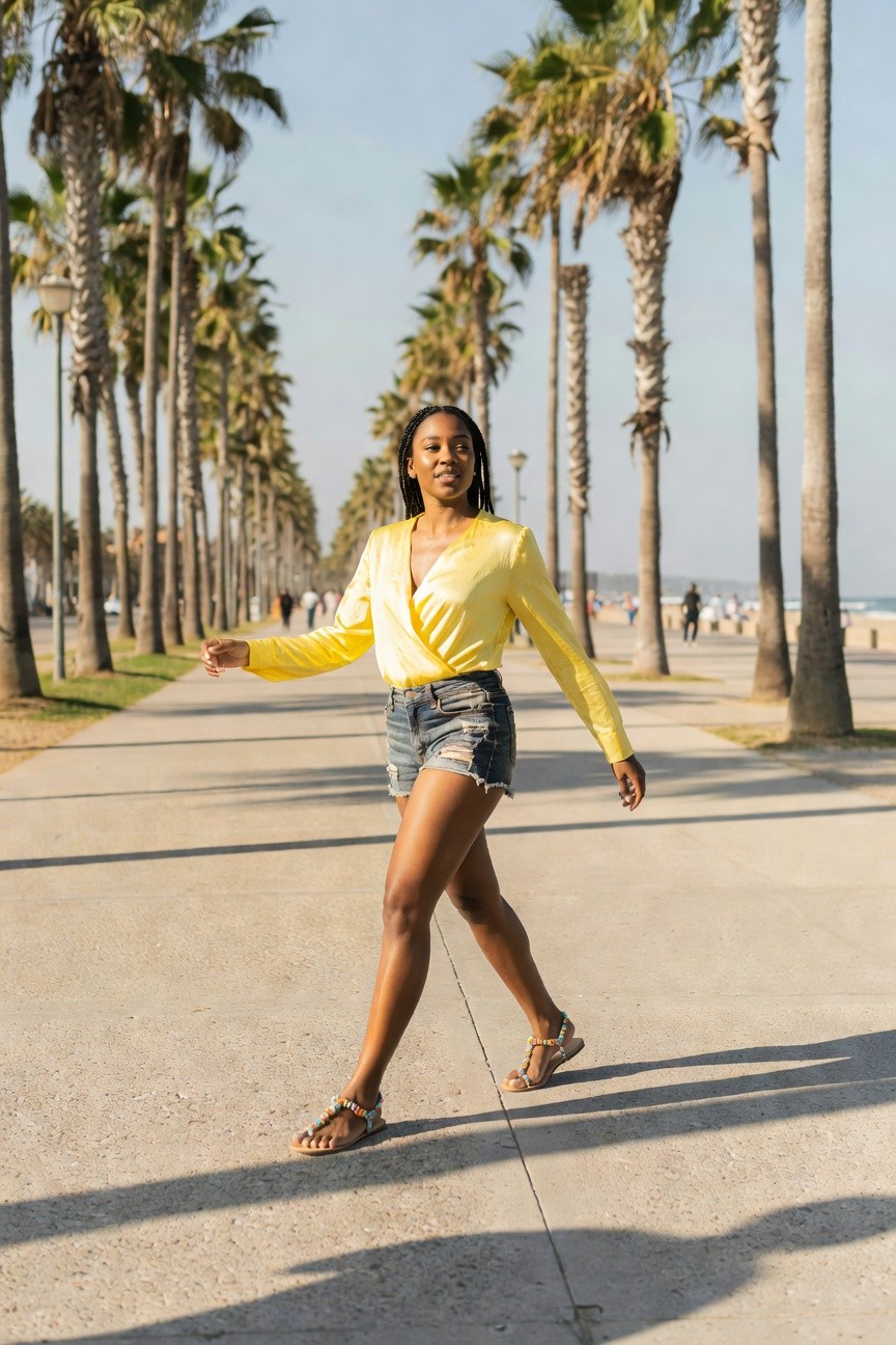 Yellow Wrap Blouse And Denim Shorts