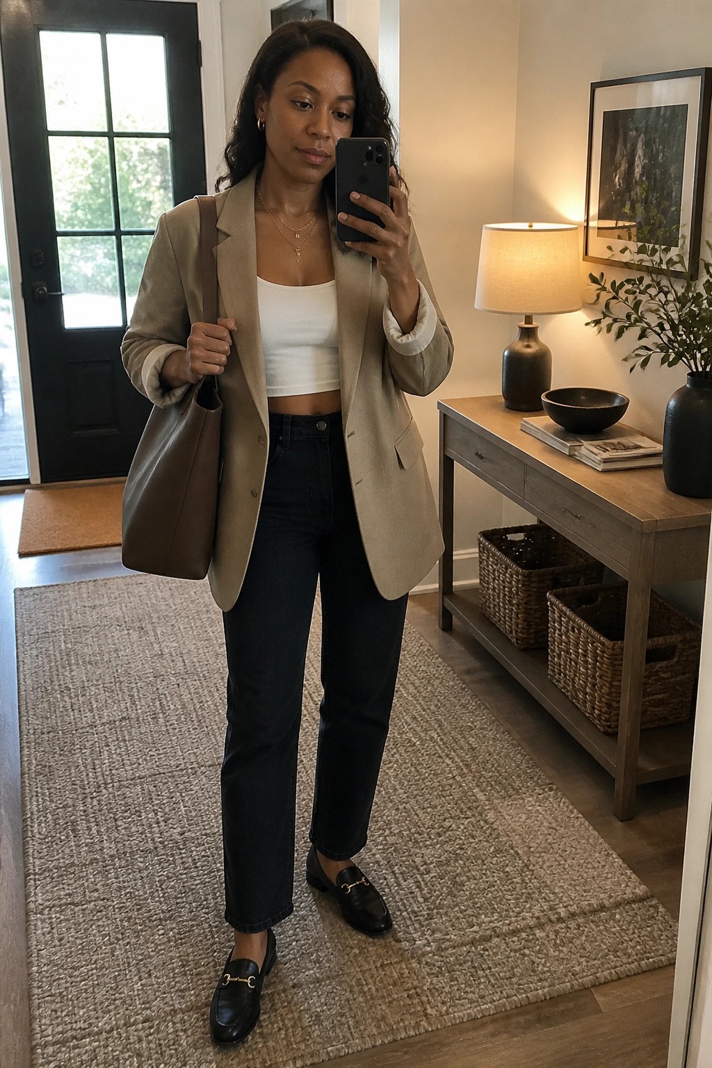 Woman in beige blazer, white crop top, and black jeans taking mirror selfie with tote bag