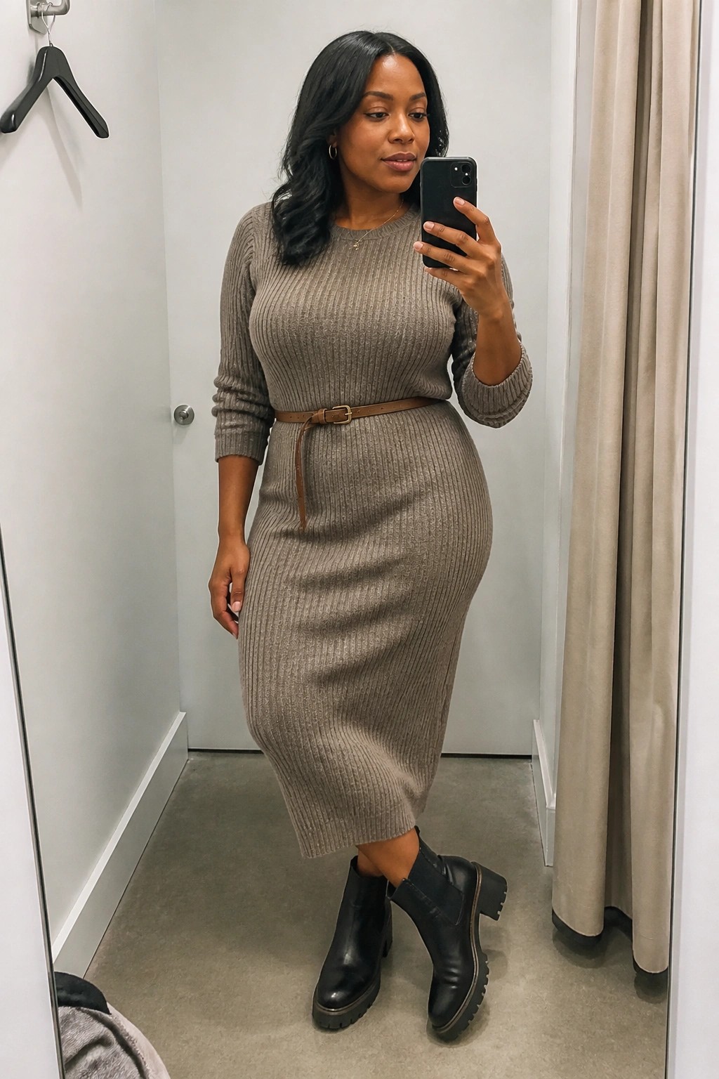 Woman wearing a taupe ribbed knit midi sweater dress with a thin brown belt and black chunky Chelsea boots while taking a mirror selfie in a fitting room.