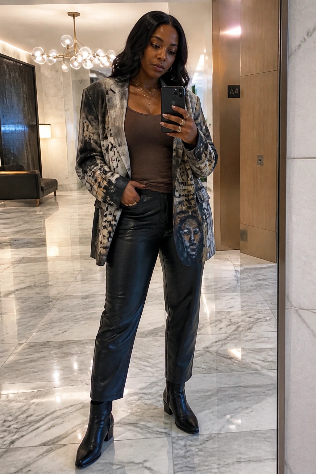 Woman in patterned blazer and leather pants taking mirror selfie in marble lobby.