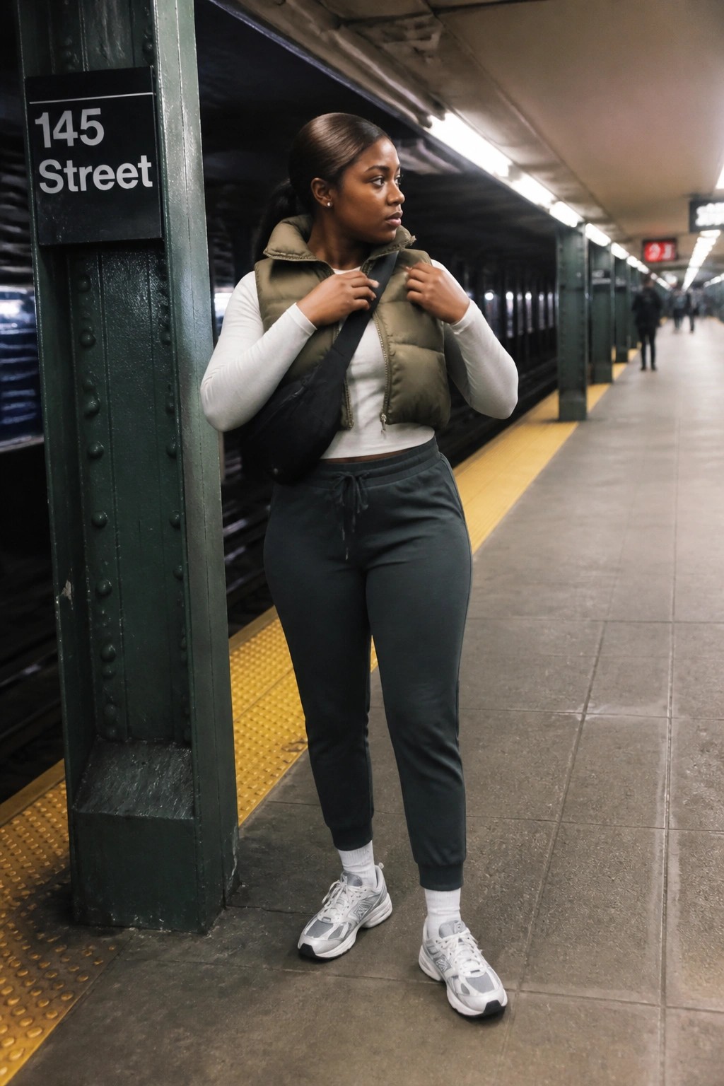 Woman in olive puffer vest and gray sweatpants on 145 Street subway platform.