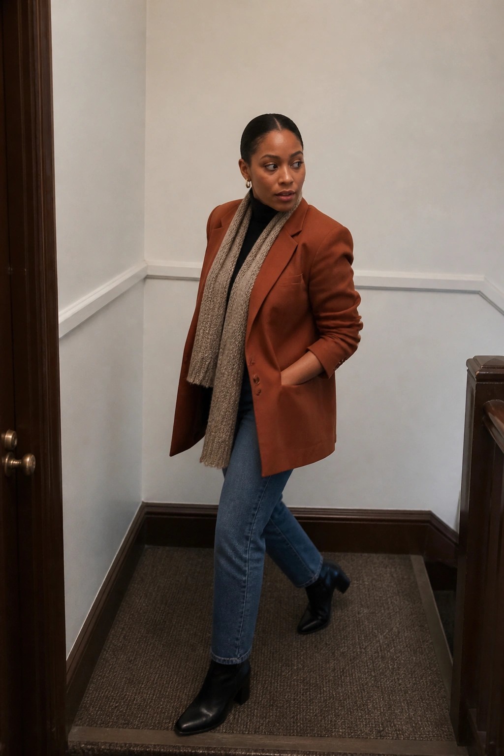 Woman in rust blazer and knitted scarf on carpeted indoor stairs