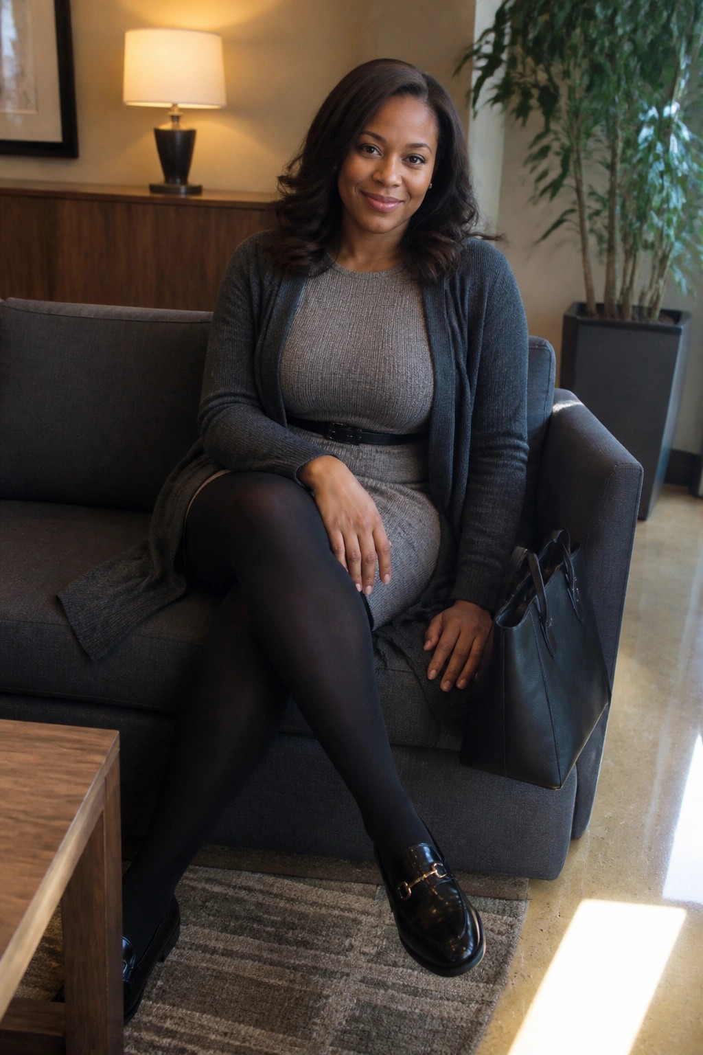 Woman in gray cardigan and tights seated on couch beside black handbag