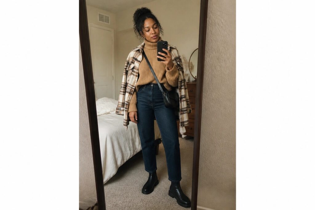 18 Cozy Fall Outfit Ideas for Black Women Using Comfortable Layers Woman in plaid shacket over tan turtleneck and jeans taking bedroom mirror selfie.