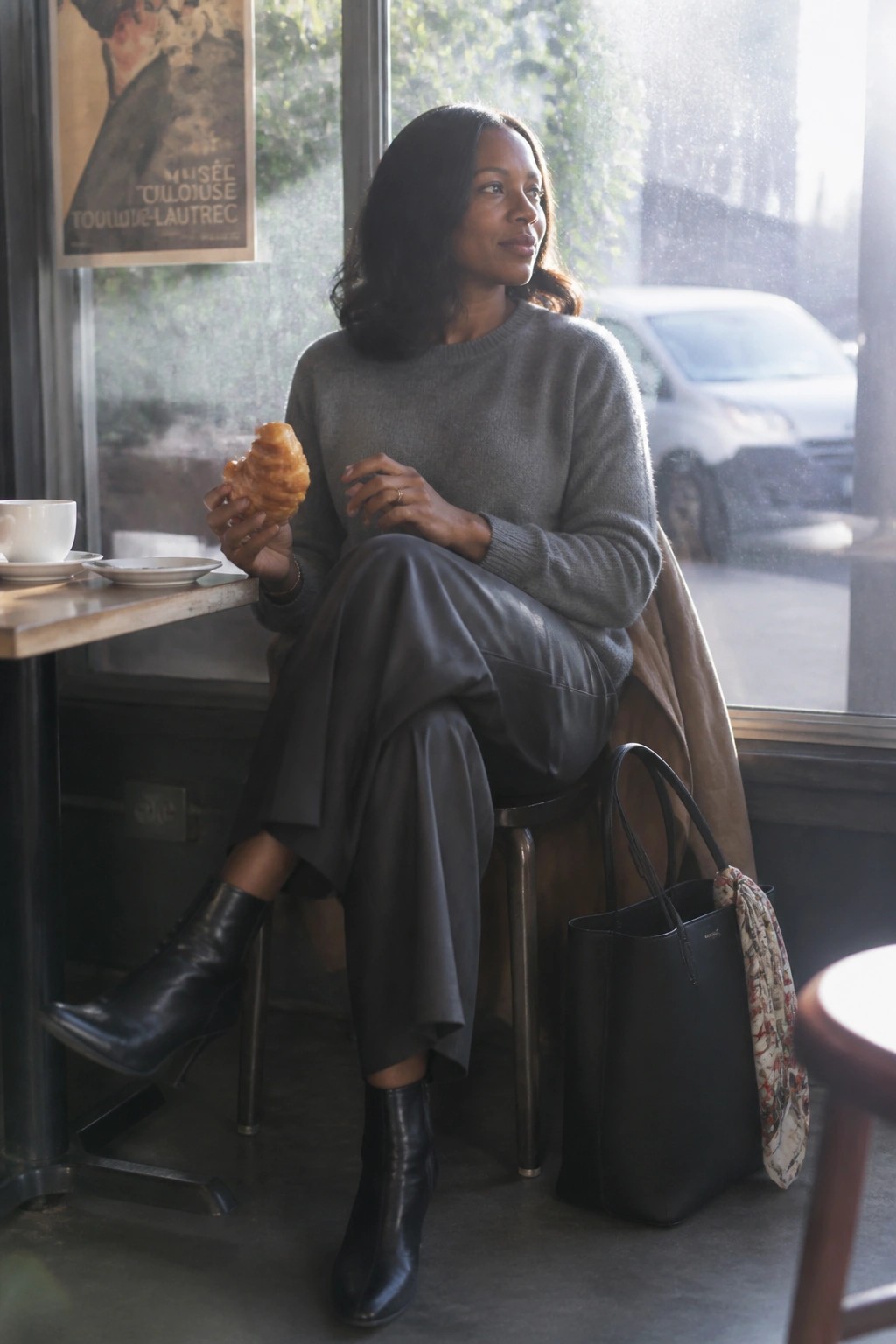 Woman in gray sweater holding croissant by sunlit cafe window.