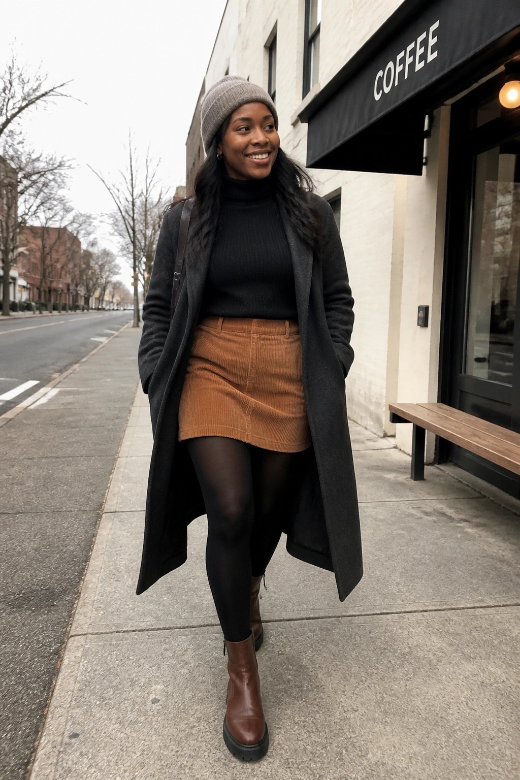 Woman in gray coat and brown corduroy skirt smiling on city sidewalk by coffee shop