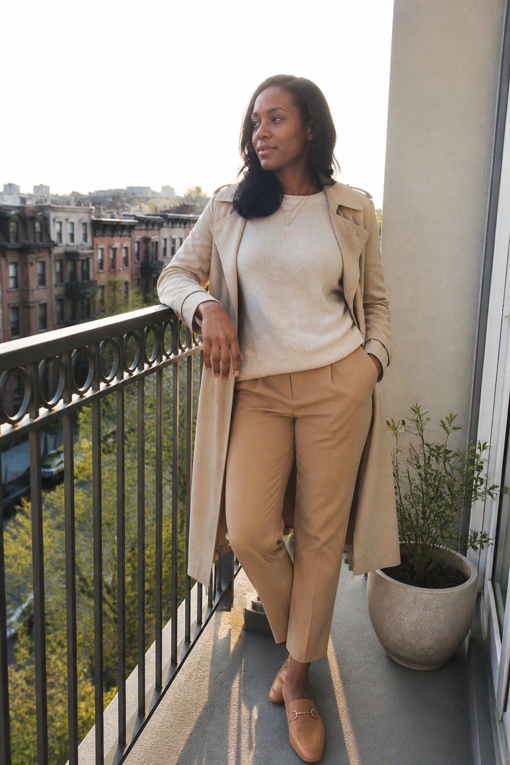 Woman in beige trench coat and trousers leaning on city balcony railing