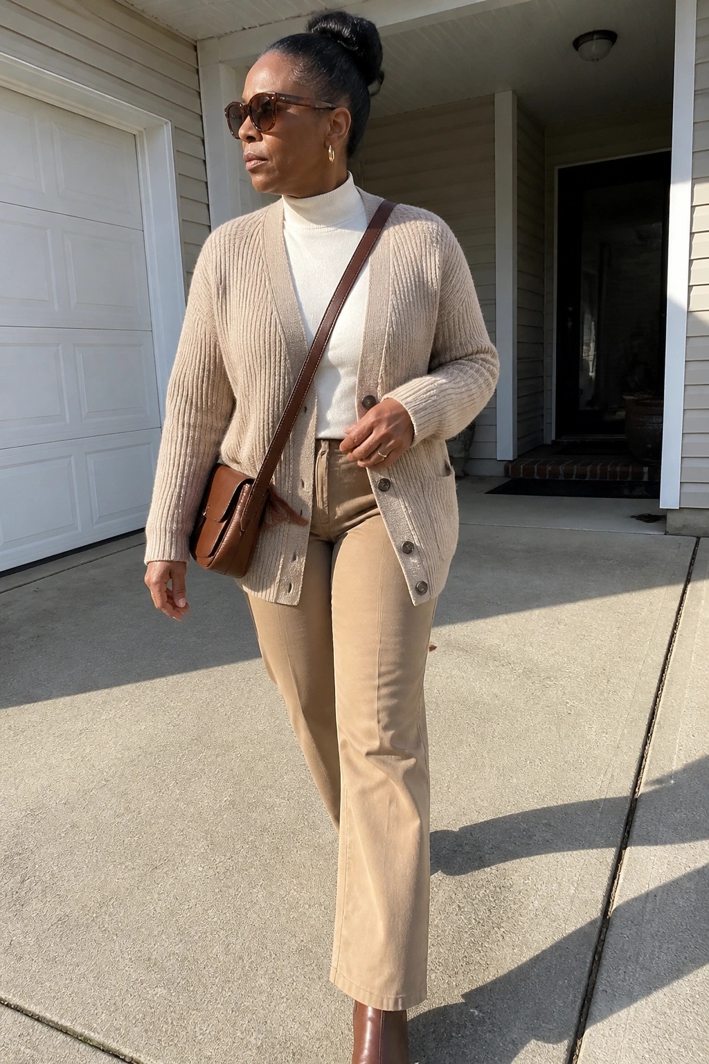Woman in beige cardigan over white turtleneck with brown bag on driveway
