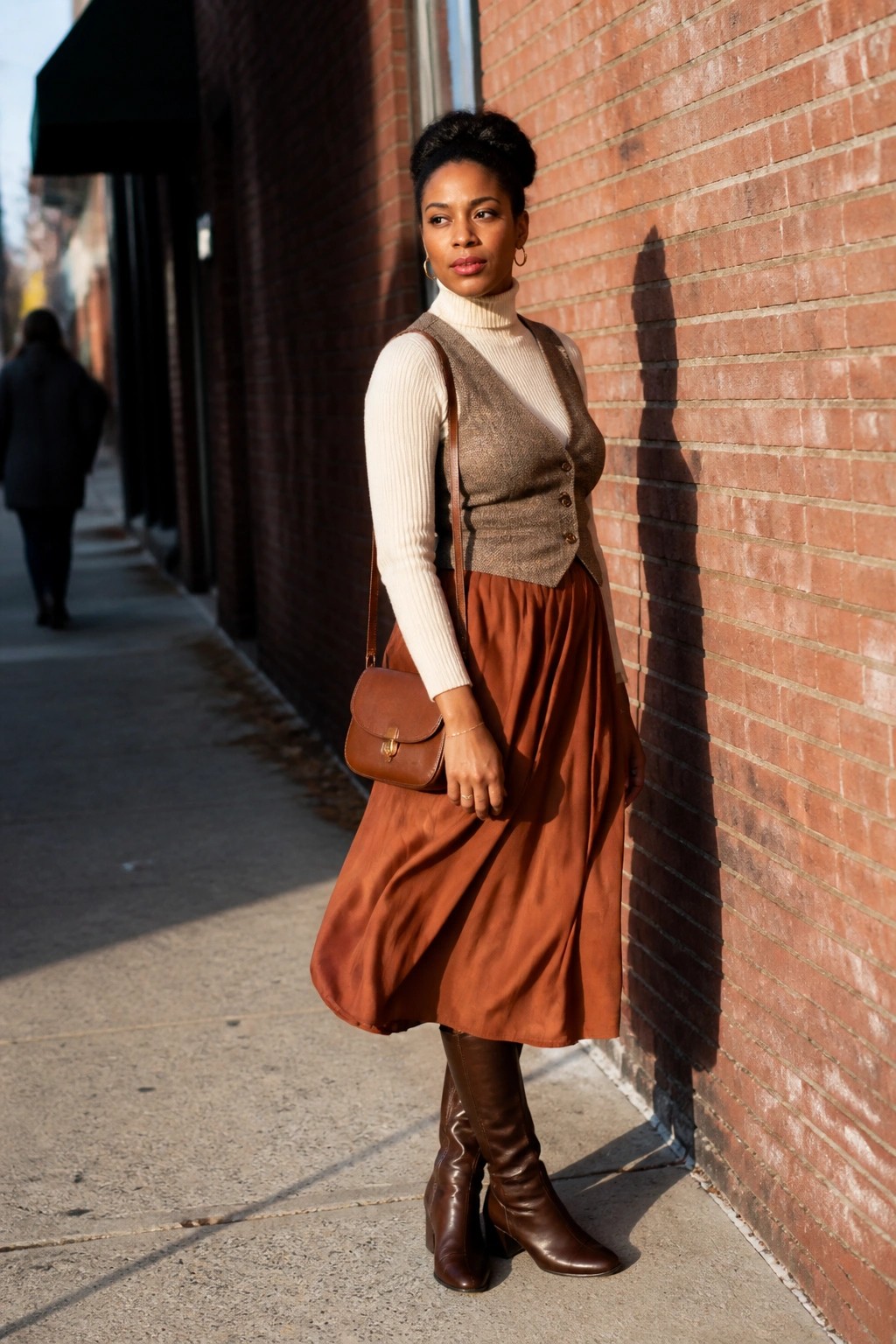 Woman in cream turtleneck, brown vest, rust skirt, and boots by brick wall