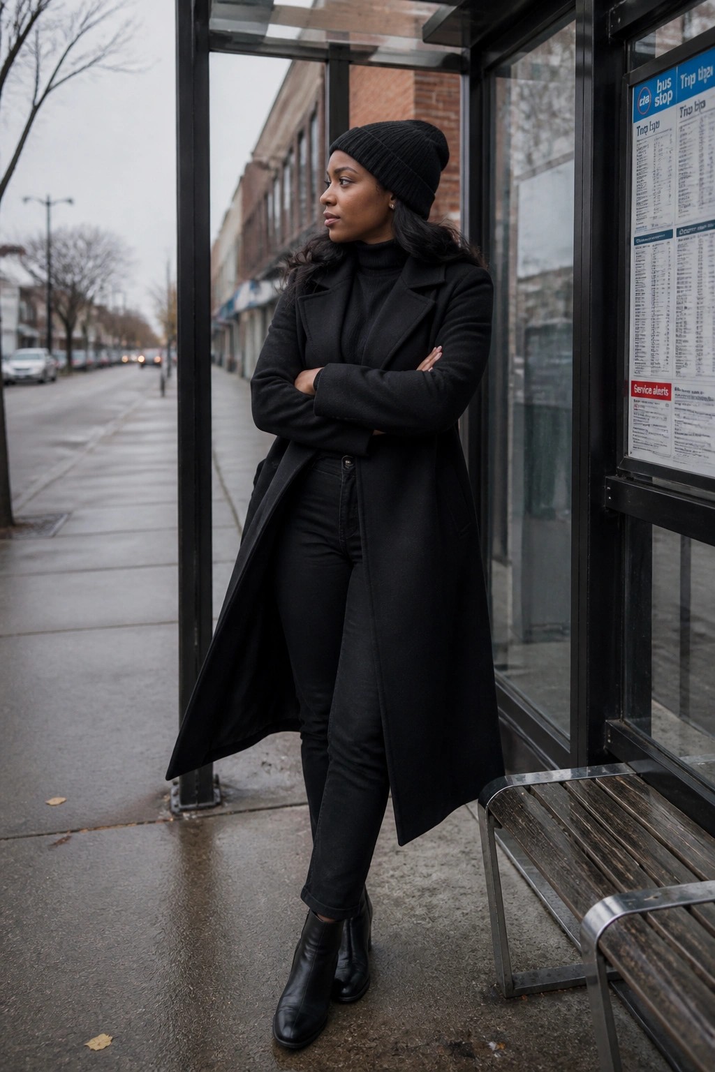 Woman in black coat and beanie with arms crossed at bus stop.