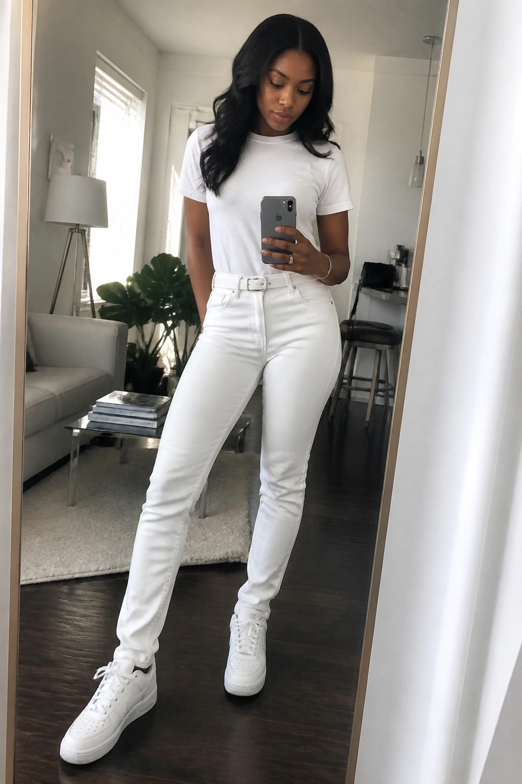 Woman in white t-shirt and jeans taking mirror selfie in modern home