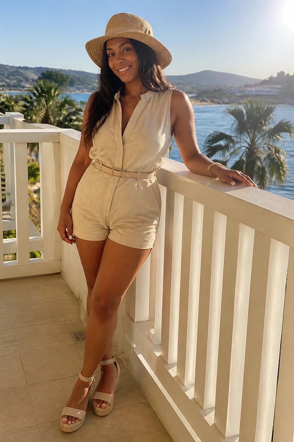 Woman in beige belted romper and straw hat on ocean-view balcony