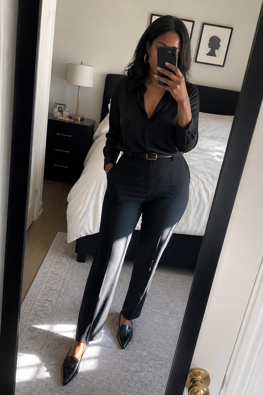 Woman in all black outfit with button down shirt tucked into straight leg trousers, thin belt at waist, and pointed toe flats, taking a mirror selfie in a bedroom.