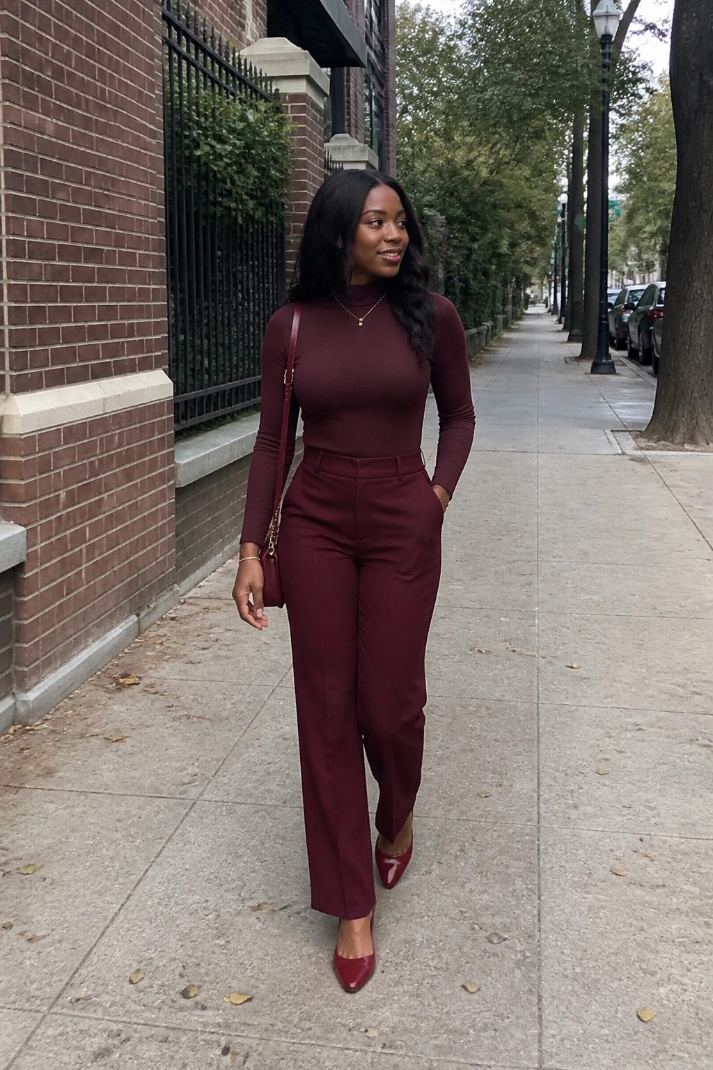 Woman in maroon turtleneck and trousers walks city sidewalk with handbag