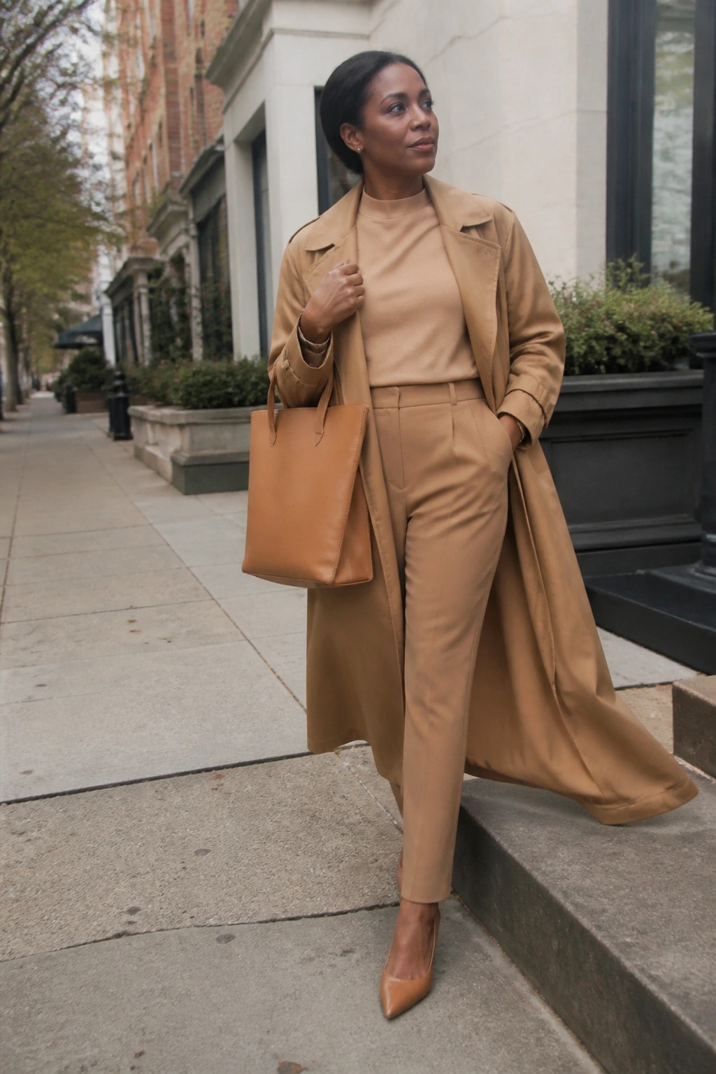 A Black woman in a full camel monochrome outfit featuring an open trench coat over a turtleneck sweater and high-waisted trousers, paired with matching pointed heels and a tote bag.