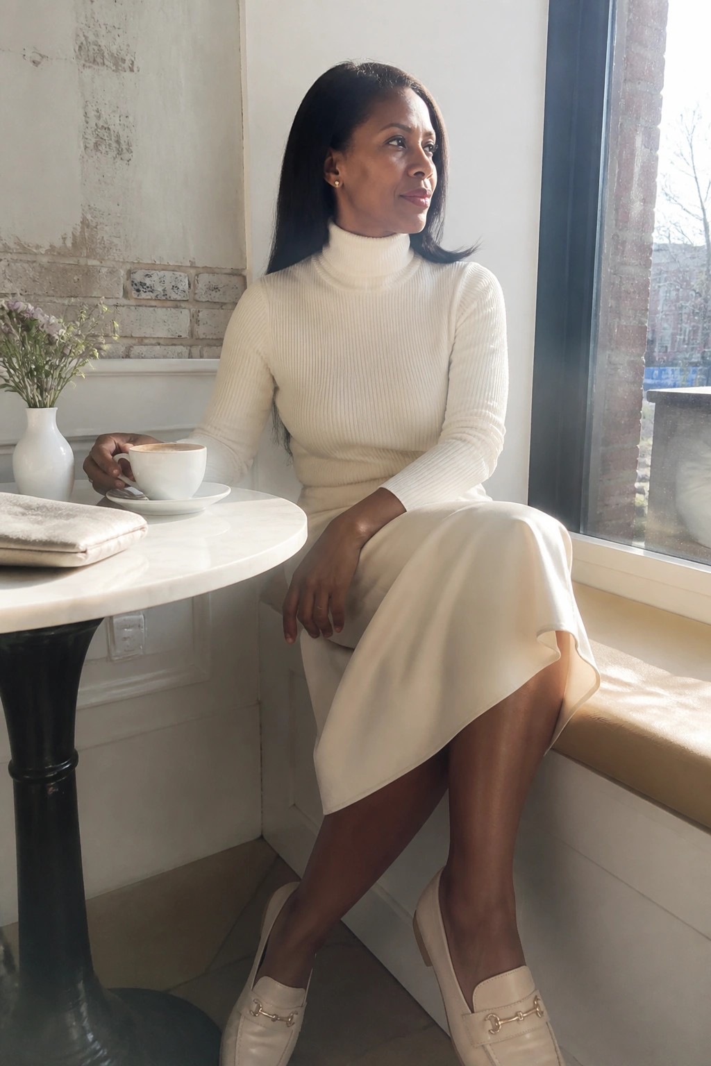 Woman wearing a cream ribbed turtleneck sweater tucked into a matching cream midi skirt with cream loafers, seated at a marble table holding a coffee cup.