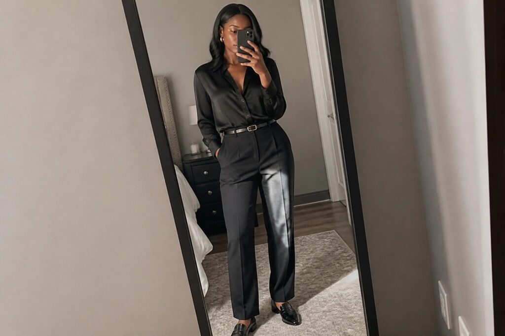 18 Monochrome Outfits for Black Women That Look Sleek and Elevated Woman in all black outfit with button down shirt tucked into straight leg trousers, thin belt at waist, and pointed toe flats, taking a mirror selfie in a bedroom.