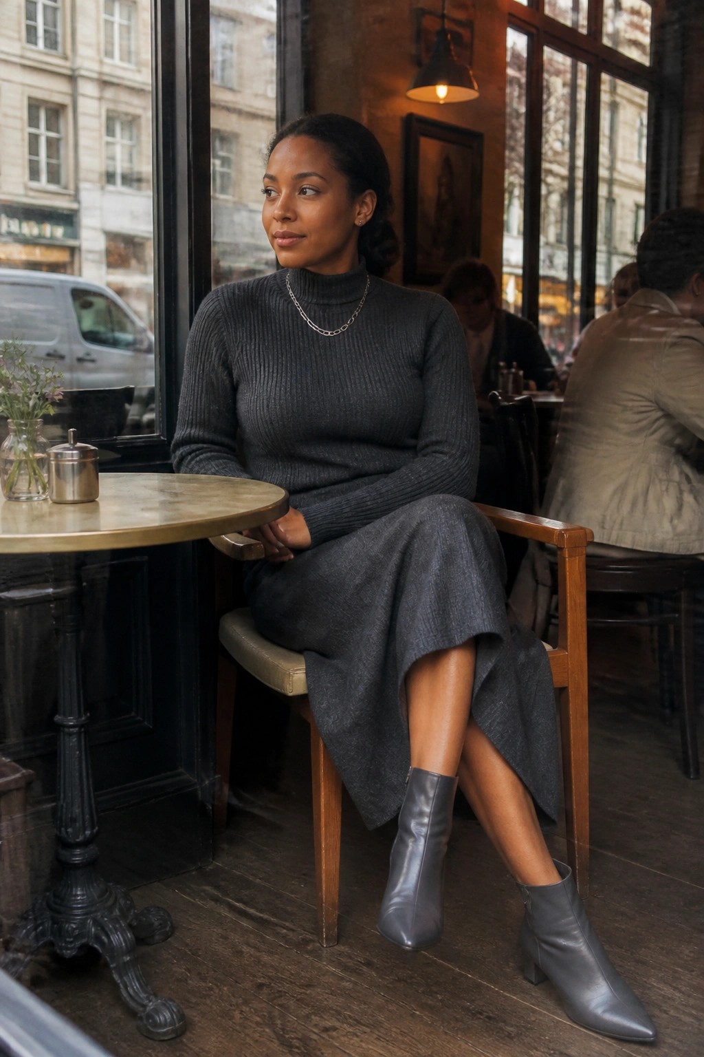 Woman in gray turtleneck and skirt seated at cafe table by window