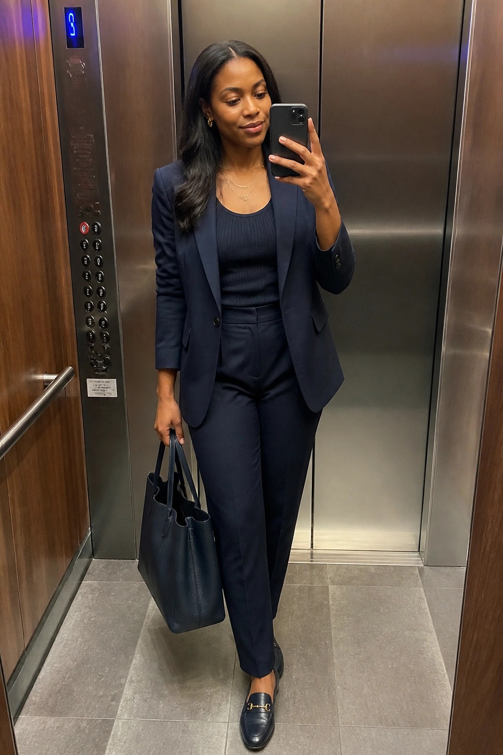 Woman in navy pantsuit takes selfie while holding tote bag in elevator