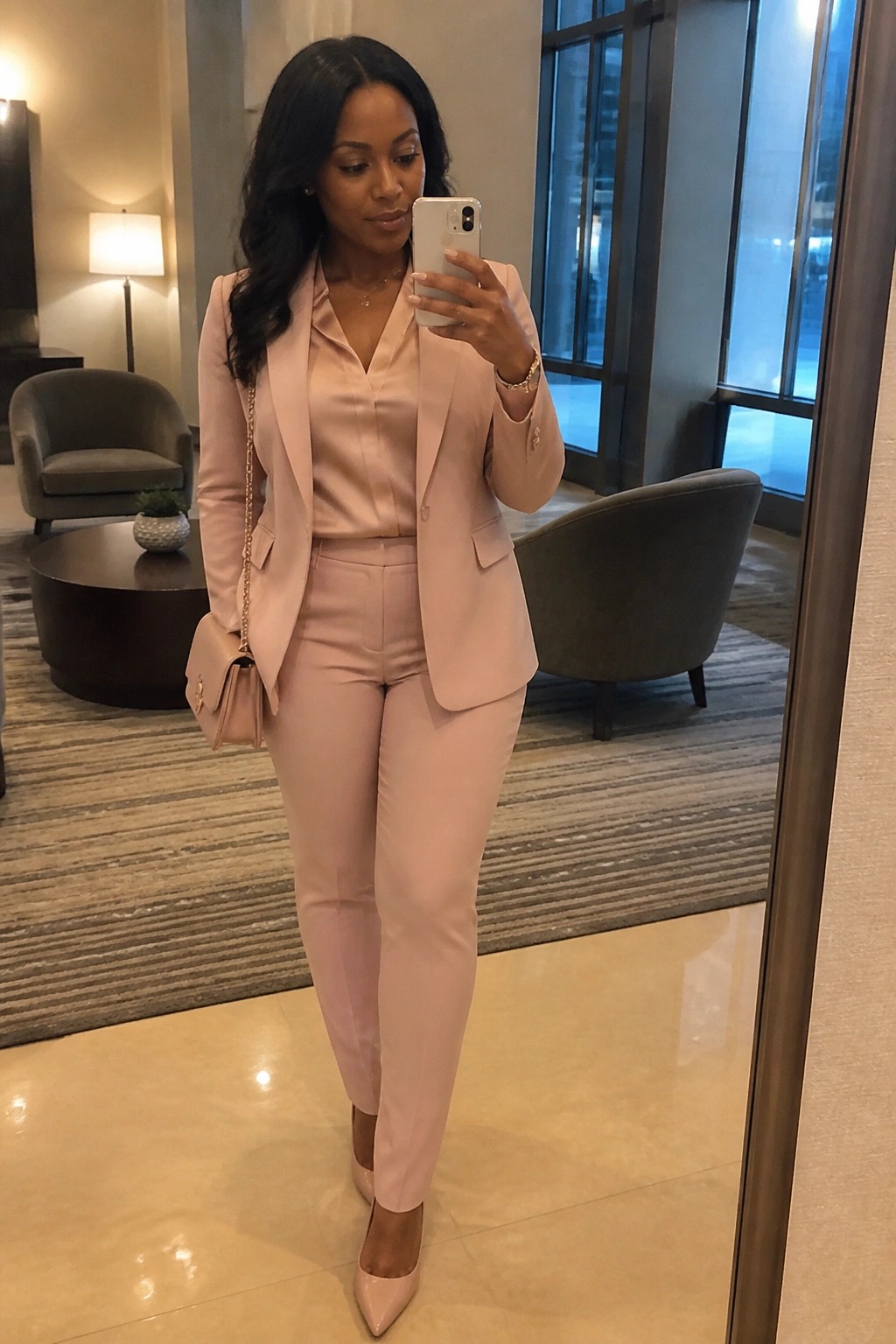 Woman in light pink pantsuit taking mirror selfie with white phone in lobby