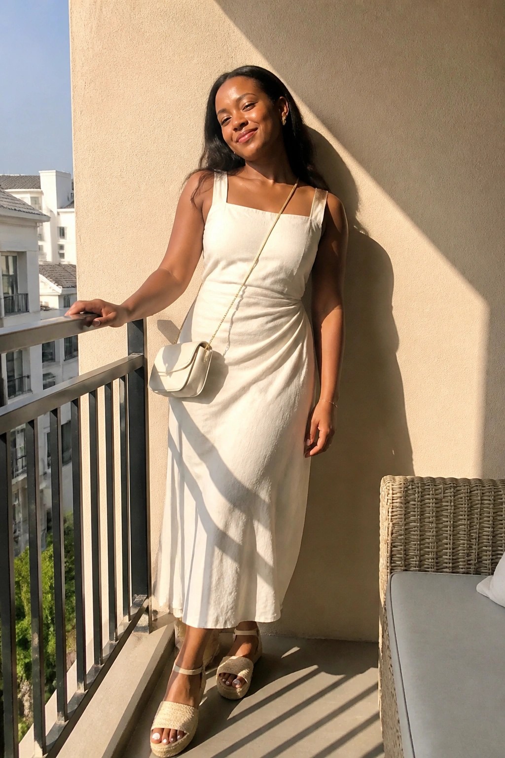 Woman in white midi dress on sunny balcony with crossbody bag and woven sandals