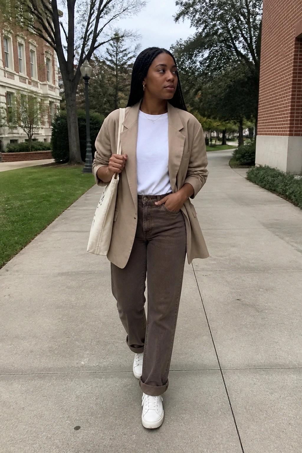 Woman in beige blazer and brown jeans on campus path holding tote bag