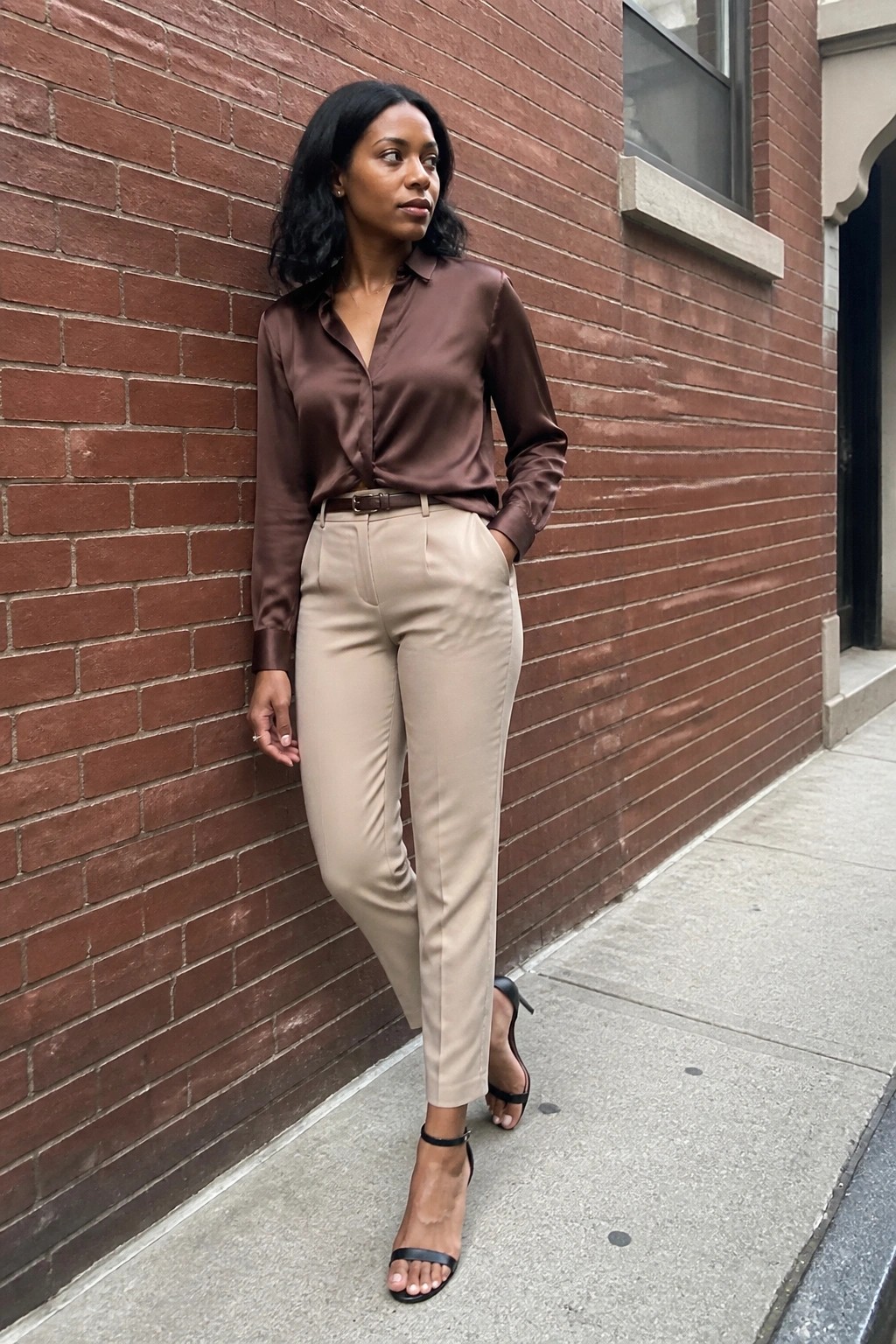 Woman in brown satin blouse and beige pants against red brick wall