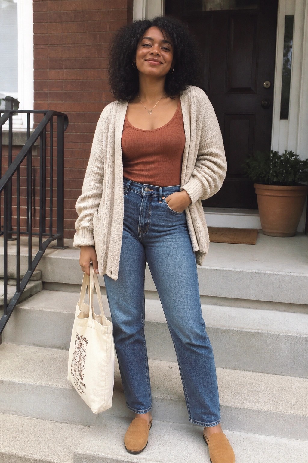 Woman with curly hair in beige cardigan over rust top holding tote bag on steps